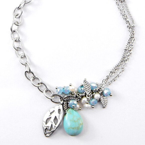 Silver Leaf Charm Bracelet With Turquoise Blue Stone And Beaded Accents NWT - Picture 1 of 12